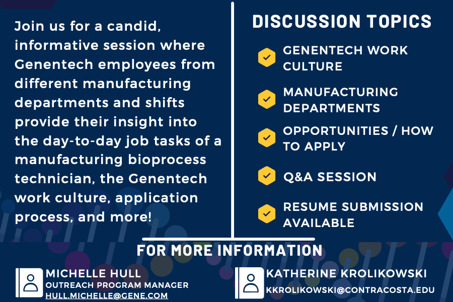 Event Flyer Part 2:  Join us for a candid, informative session where genentech employees from different manufacturing departments and shifts provide their insight into the day-to-day job tasks of a manufacturing bioprocess technician, the Genentech work culture, application process, and more! 